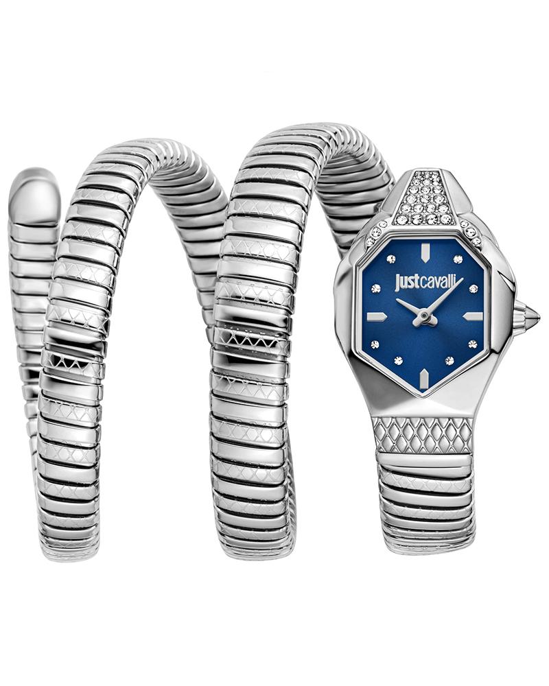 Just Cavalli Signature Snake Ambra silver watch with night blue hexagonal dial and coiled snake strap