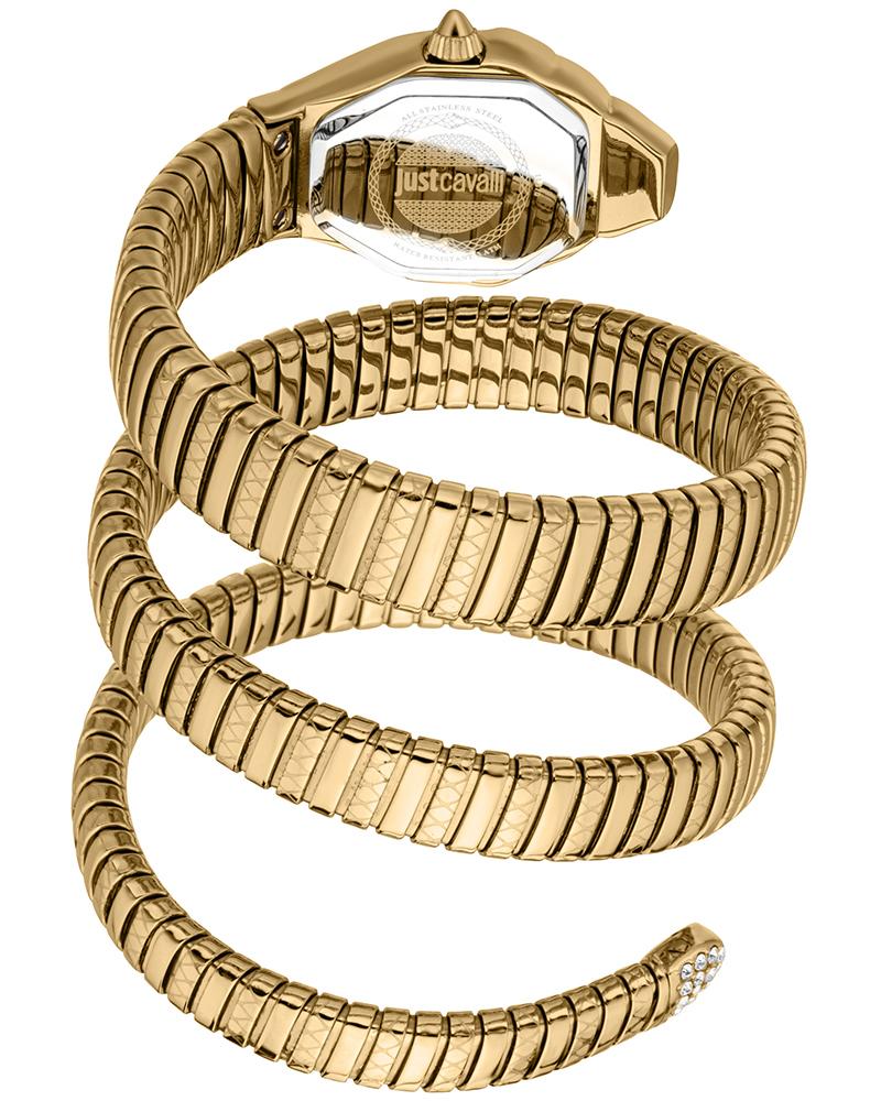 Yellow gold snake-coil bracelet detail with hexagonal watch case at top