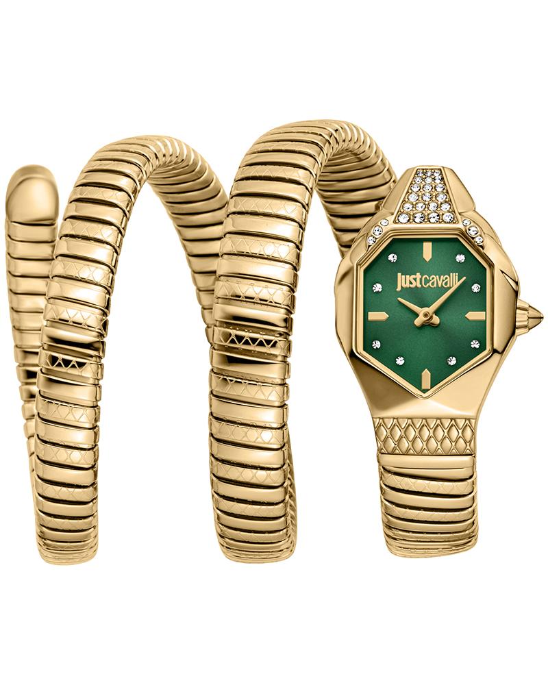 Just Cavalli Ambra yellow gold watch with green dial, diamond-set case, and snake-coil bracelet