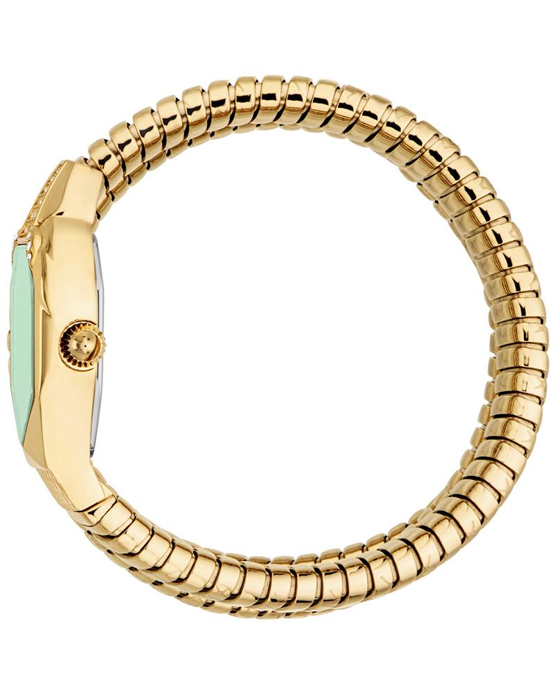 Just Cavalli Ambra watch side view showing yellow gold case and coiled bracelet
