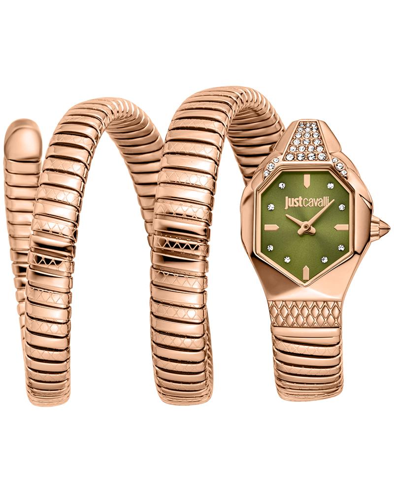 Just Cavalli Ambra watch with olive dial and rose gold snake-link strap