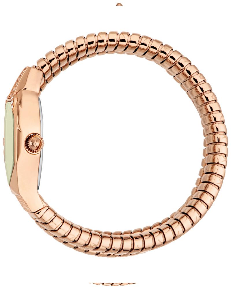 Side view of Just Cavalli watch on rose gold snake-link bracelet