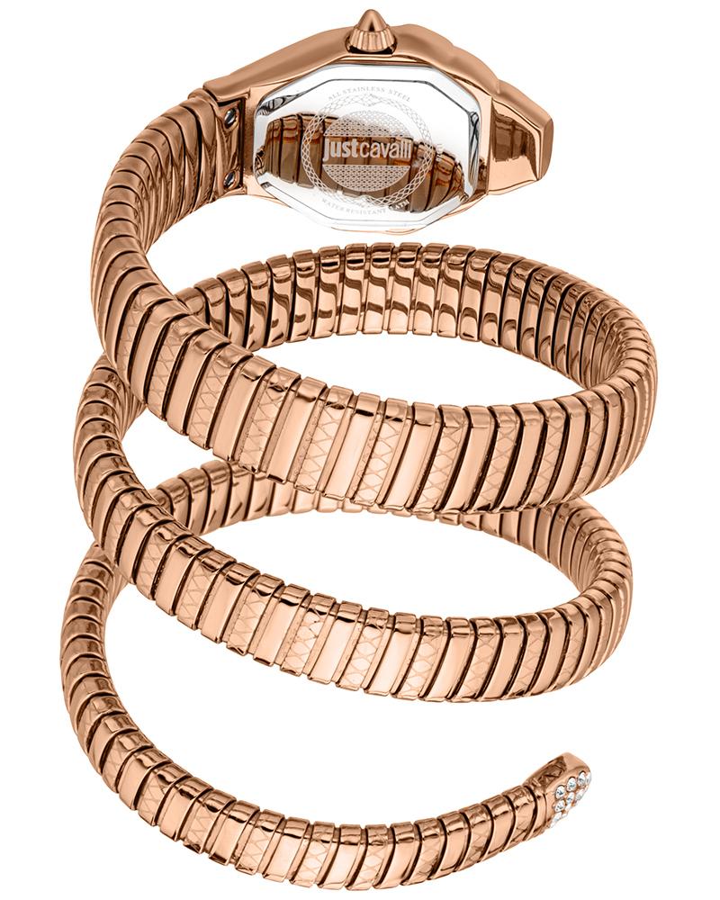 Rose gold snake-link bracelet detail with hexagon case on Just Cavalli watch