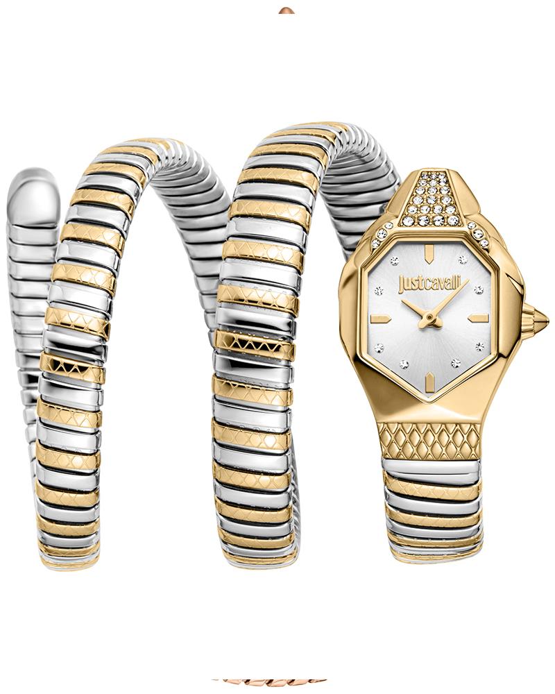 Just Cavalli Signature Snake Ambra two-tone watch with yellow gold hexagon case and silver snake-coil strap