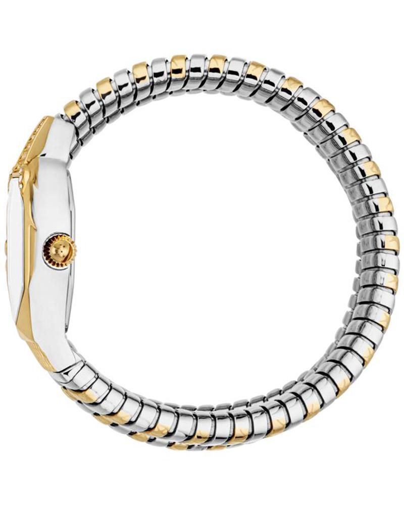 Just Cavalli Signature Snake Ambra watch on wrist displaying two-tone hexagon case and coil bracelet