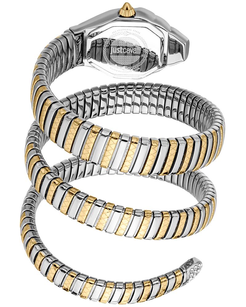Side view of Just Cavalli Signature Snake Ambra watch showing snake-coil wrapped bracelet design