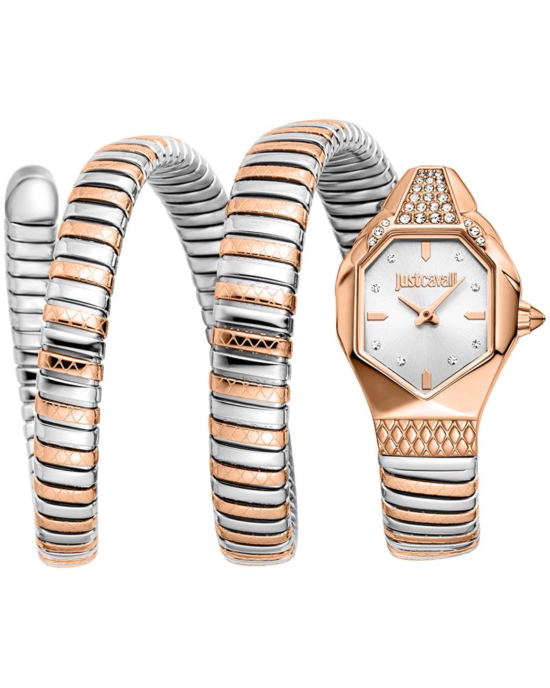 Just Cavalli Signature Snake Ambra two-tone rose gold and silver women's watch with snake-pattern strap