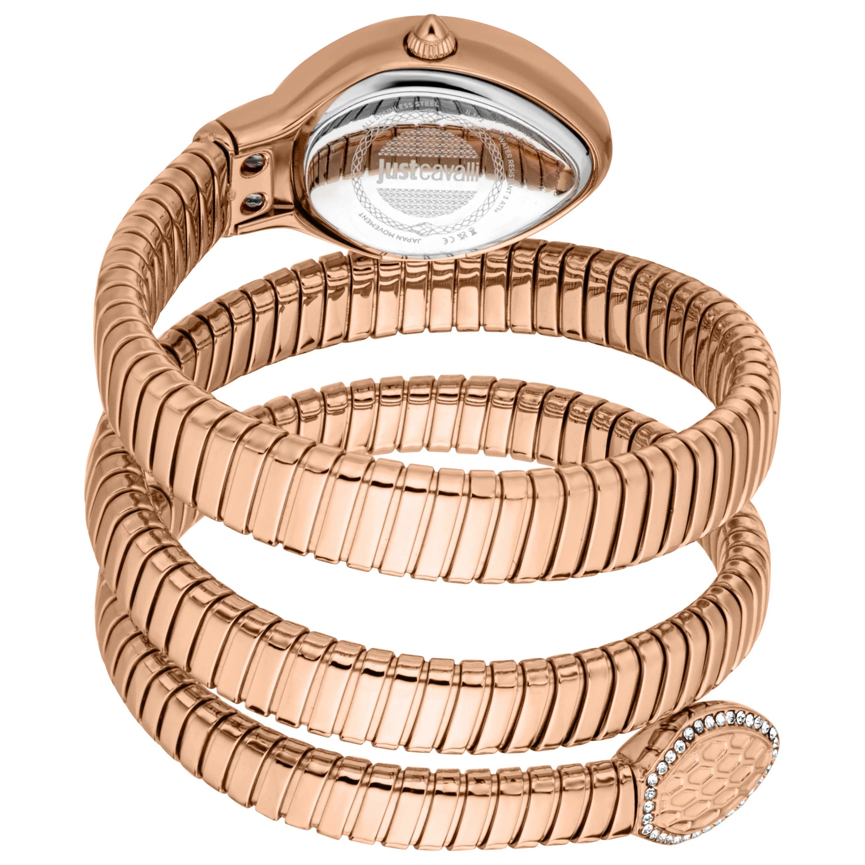 Just Cavalli Carezza coiled rose gold snake strap watch showing wrap design and crystal details