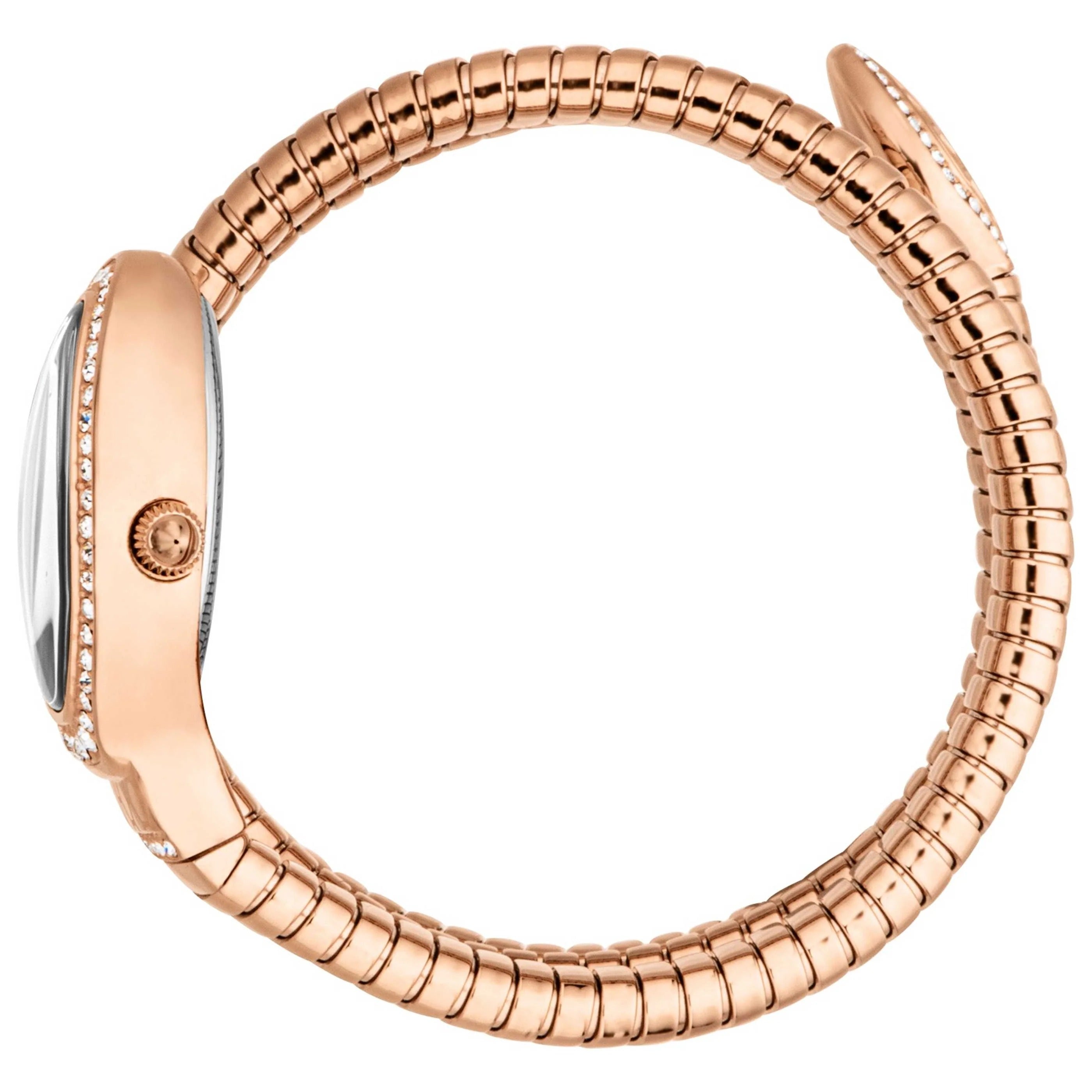Just Cavalli Carezza rose gold snake strap watch worn on wrist showing side profile