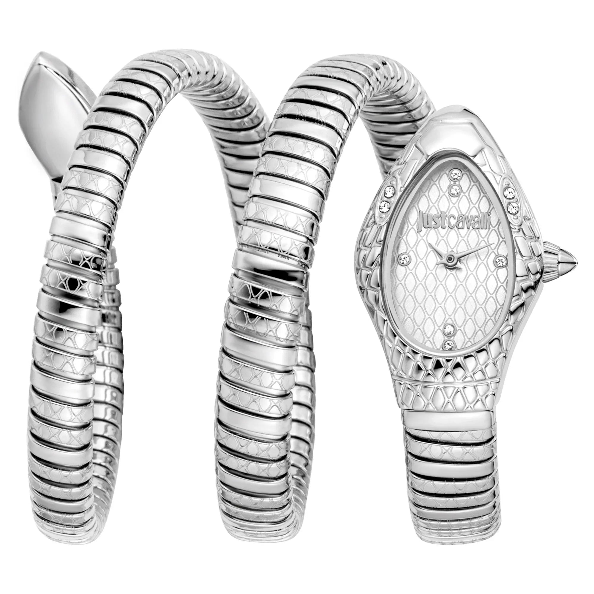 Just Cavalli Signature Snake Aurela silver watch with snake-shaped bracelet and quilted oval dial