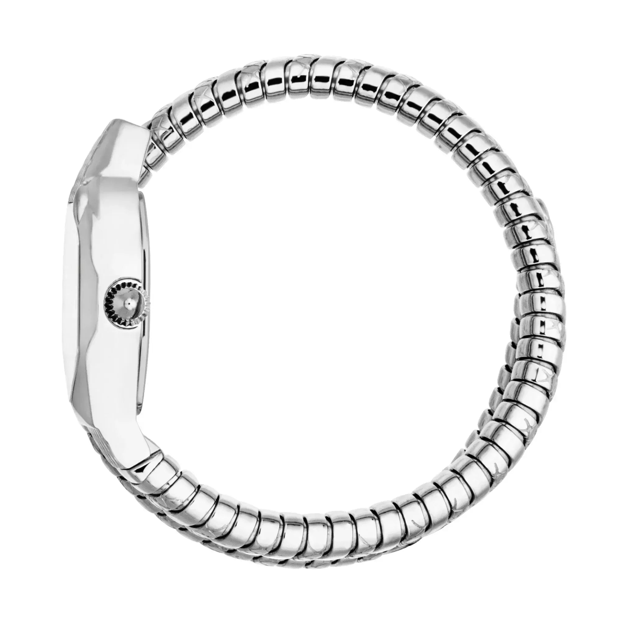 Just Cavalli Signature Snake Aurela watch side view showing silver snake bracelet and case profile