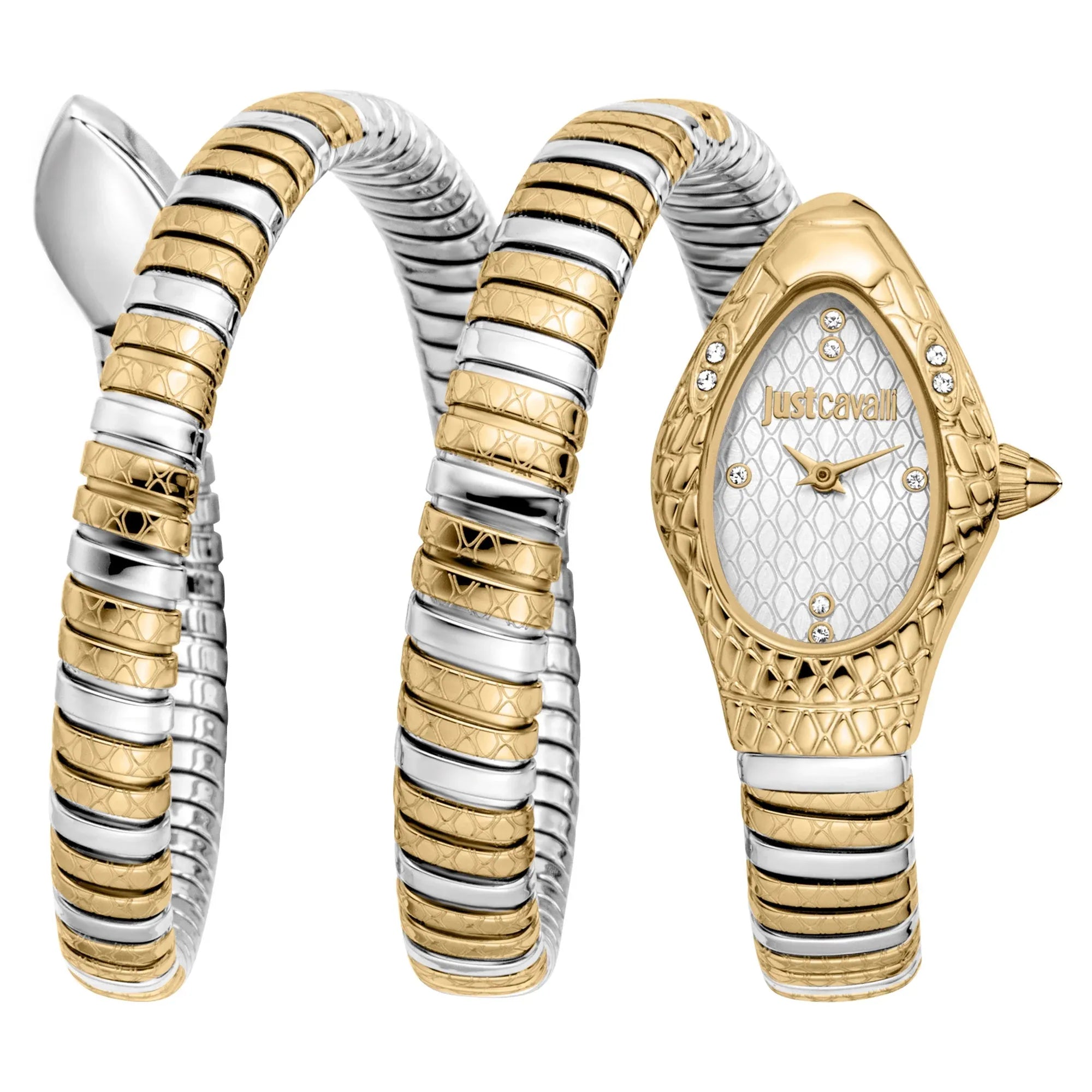 Just Cavalli Signature Snake Aurela two-tone gold and silver women's watch with oval case and white dial