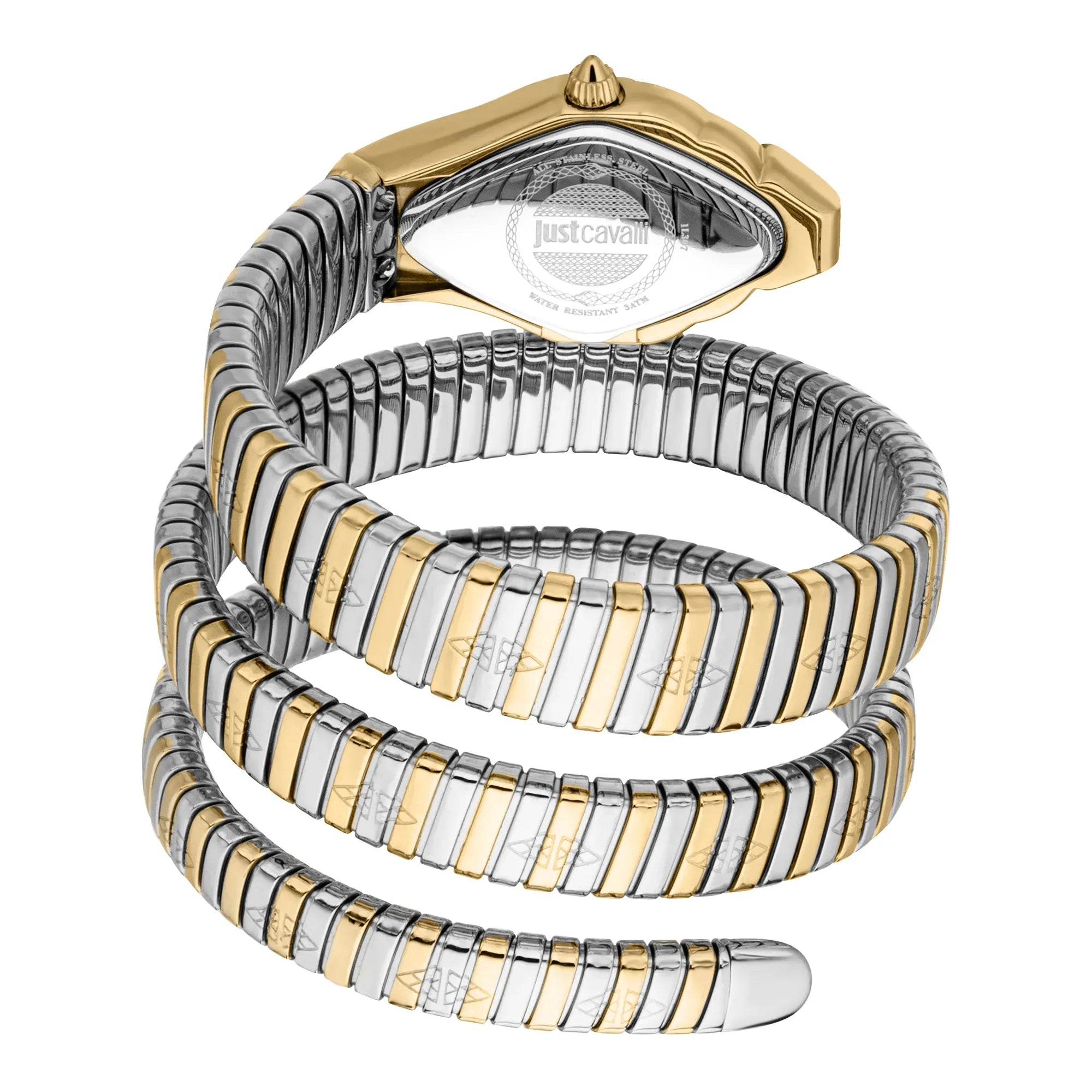 Just Cavalli Signature Snake Aurela wraparound two-tone bracelet on wrist with coiled snake design