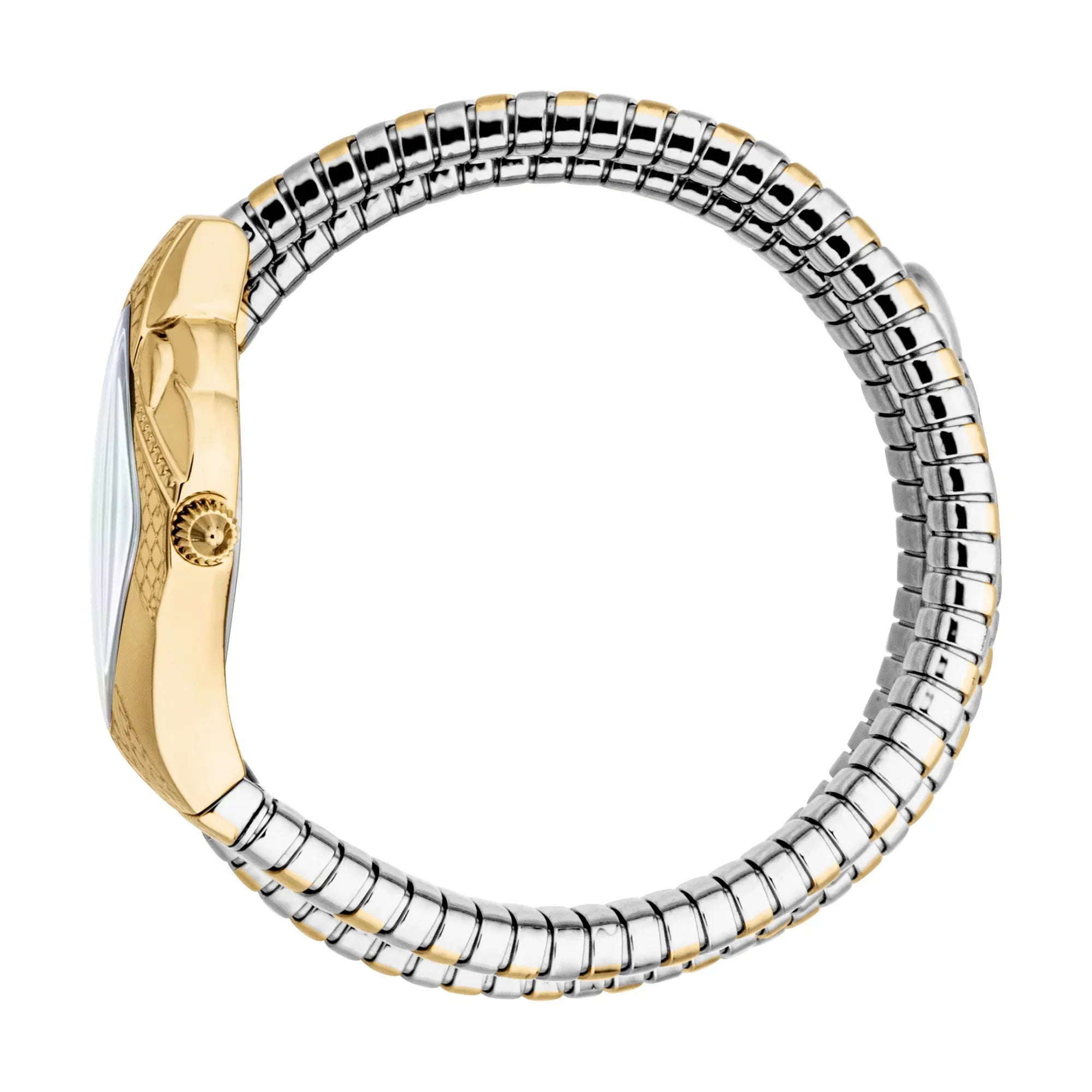 Just Cavalli Aurela watch side view showing two-tone snake bracelet and gold case profile