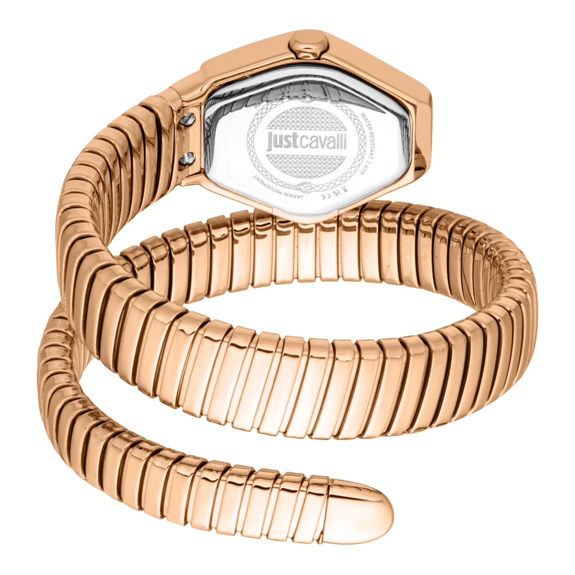 Just Cavalli engraved caseback on rose gold hexagonal watch case