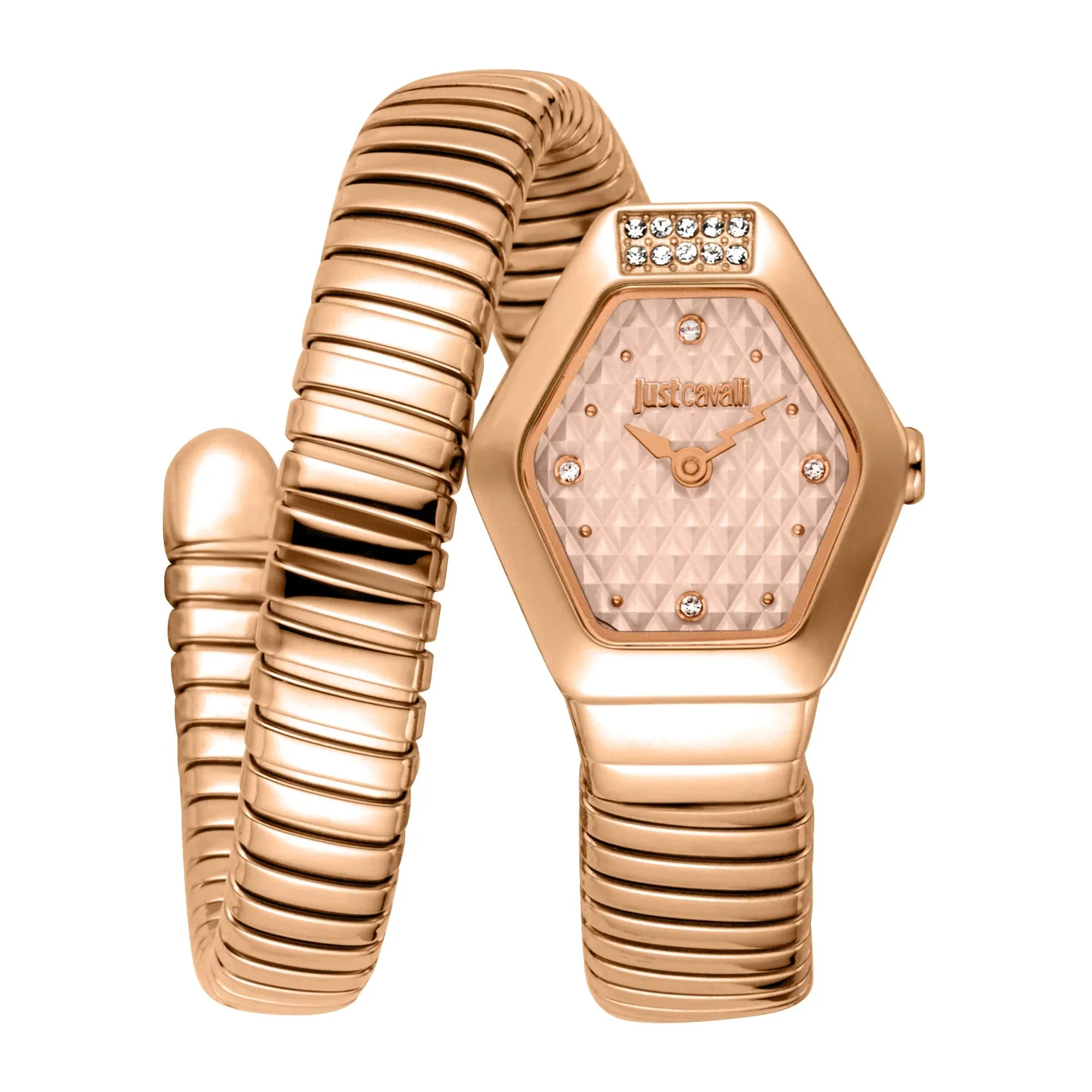 Just Cavalli Signature Snake Splora rose gold hexagonal watch with matching snake-pattern bracelet