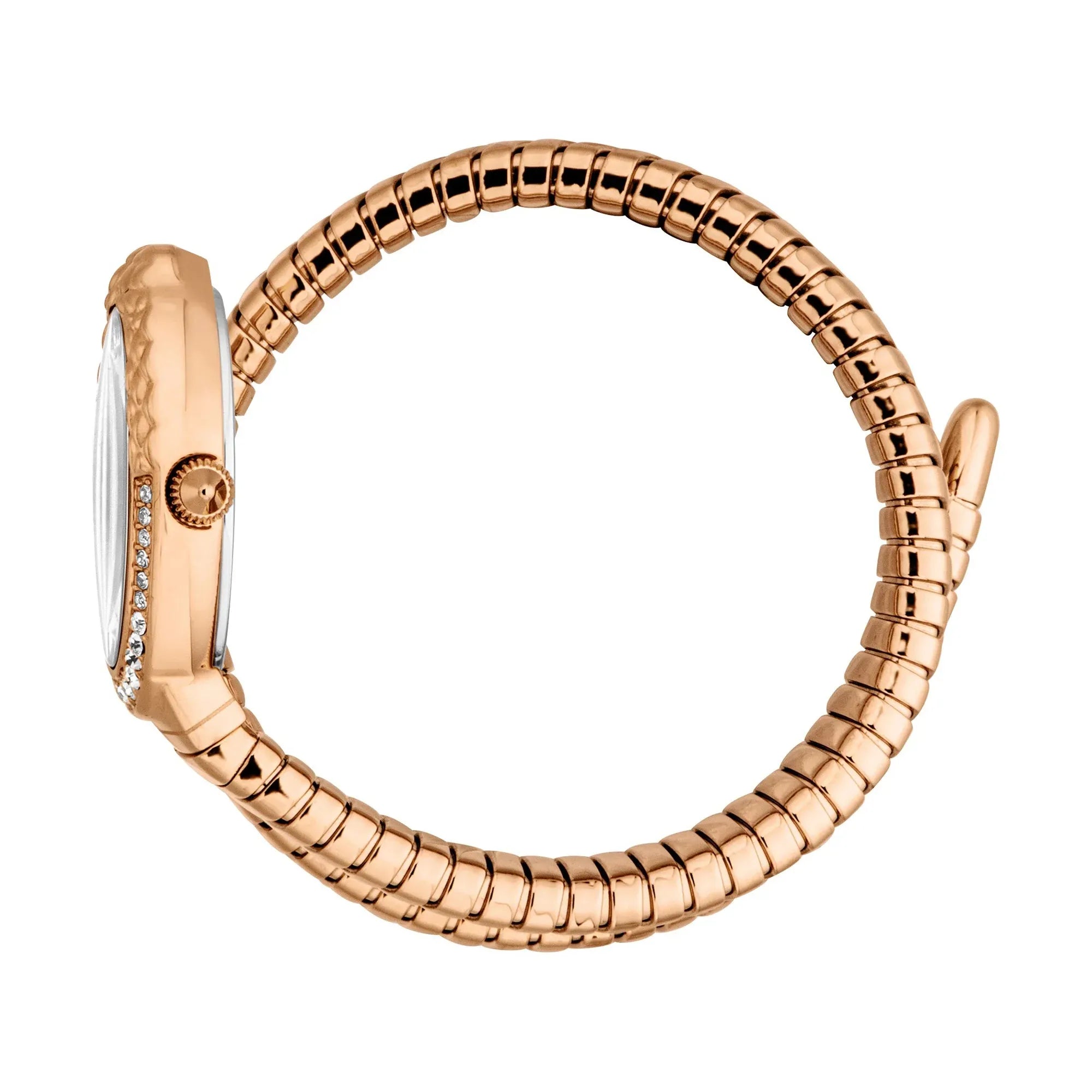 Rose gold snake-pattern bracelet strap on Just Cavalli Signature Snake Splora watch