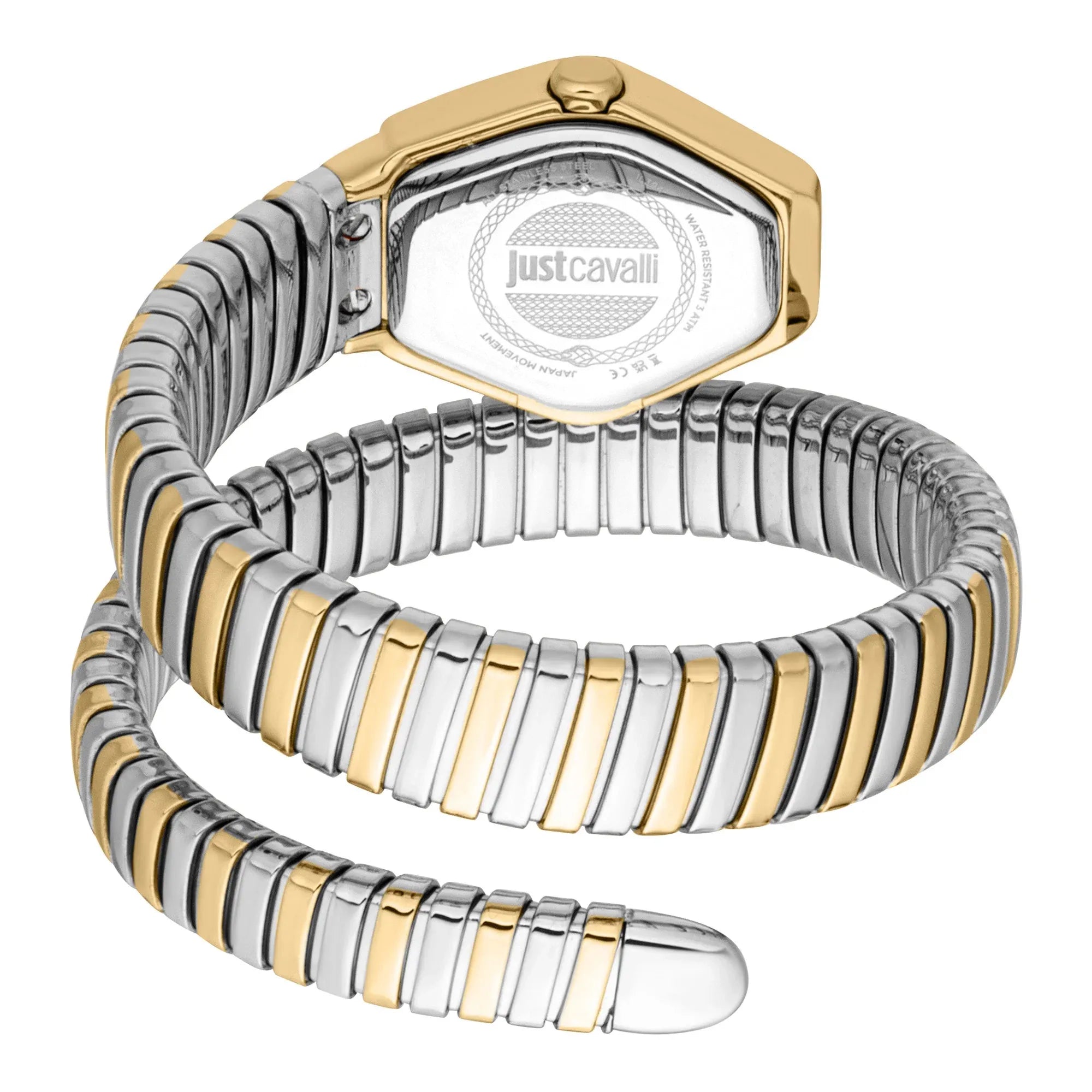 Just Cavalli Signature Snake Splora watch close-up showing hexagonal face with Just Cavalli logo and crystal-set indices