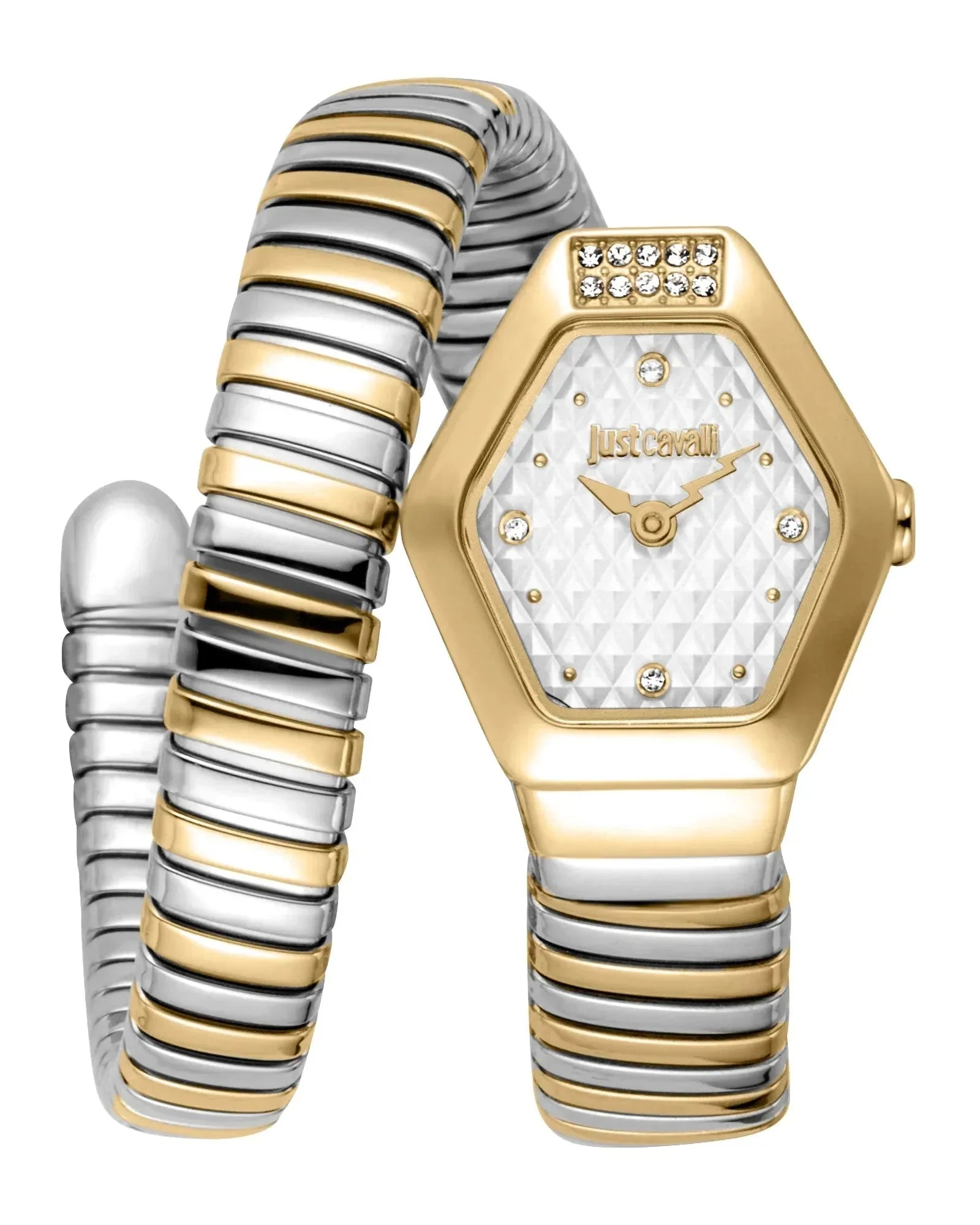 Just Cavalli Signature Snake Splora watch front view with silver and gold two-tone hexagonal case and matching coiled bracelet