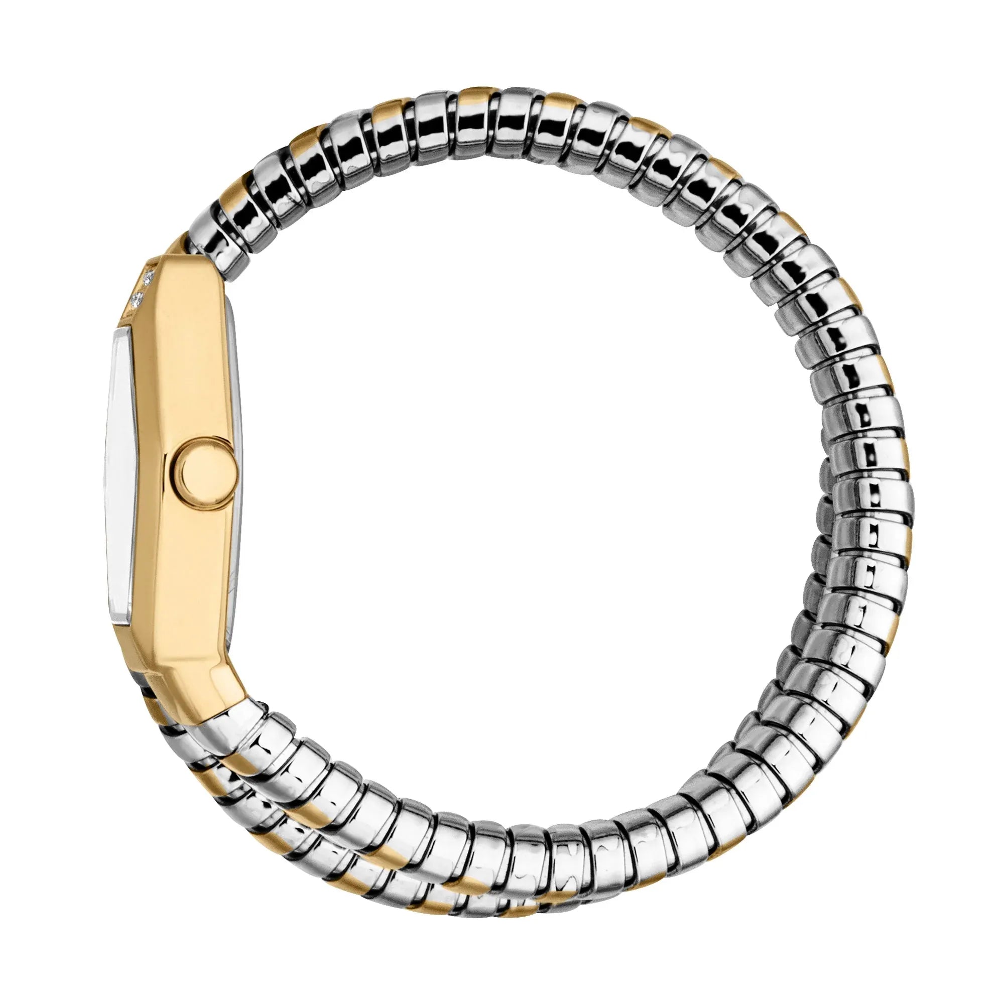 Just Cavalli Signature Snake Splora watch side profile showing hexagonal case and silver gold coiled snake-inspired bracelet