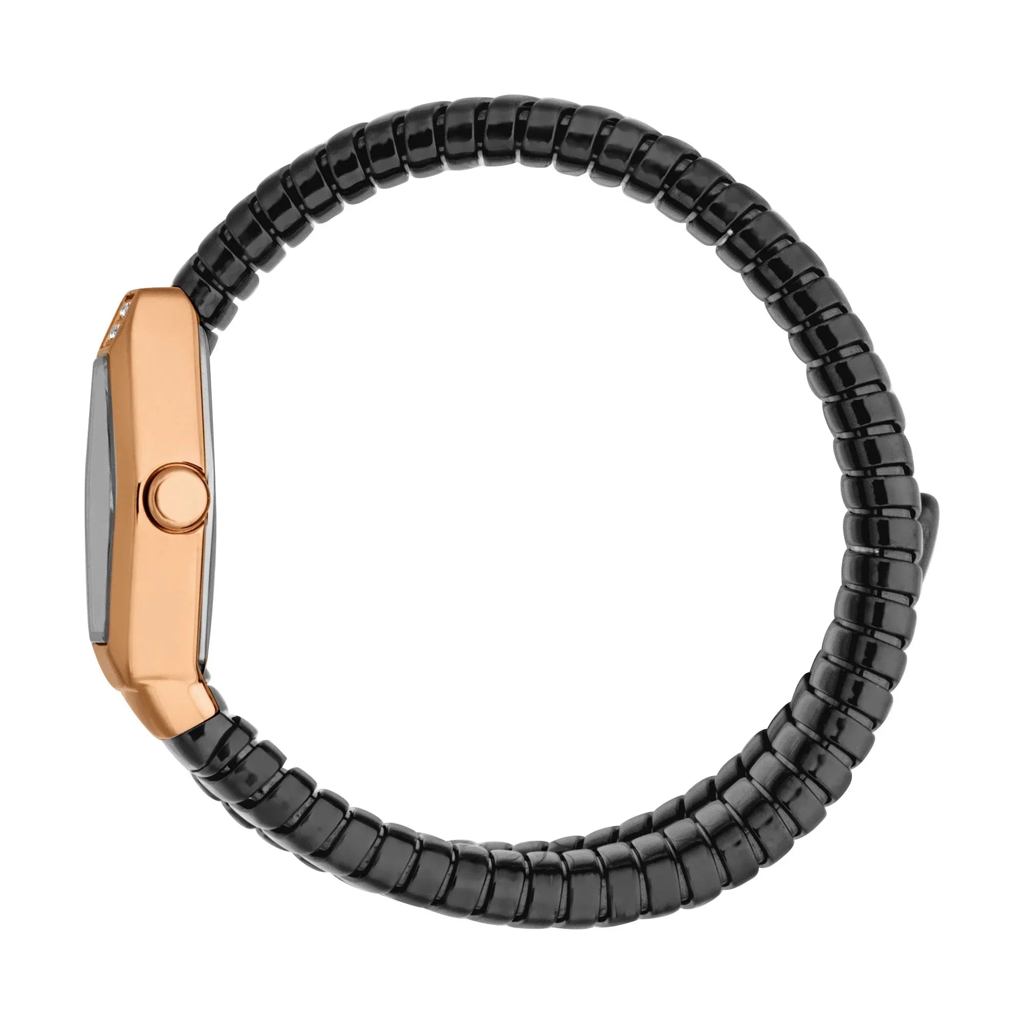 Just Cavalli Splora watch on wrist showing rose gold case and black steel bracelet strap