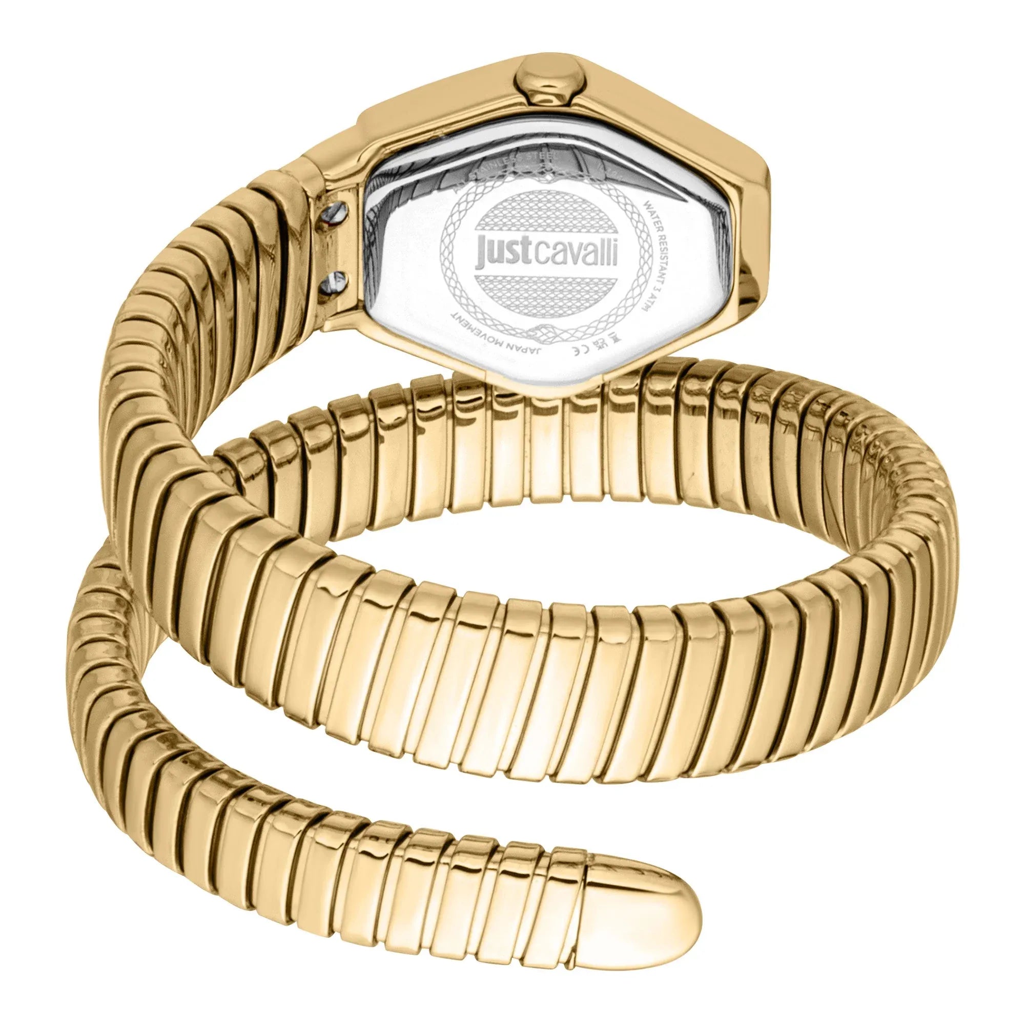 Just Cavalli Snake Lunara watch caseback showing hexagonal case design and brand engraving