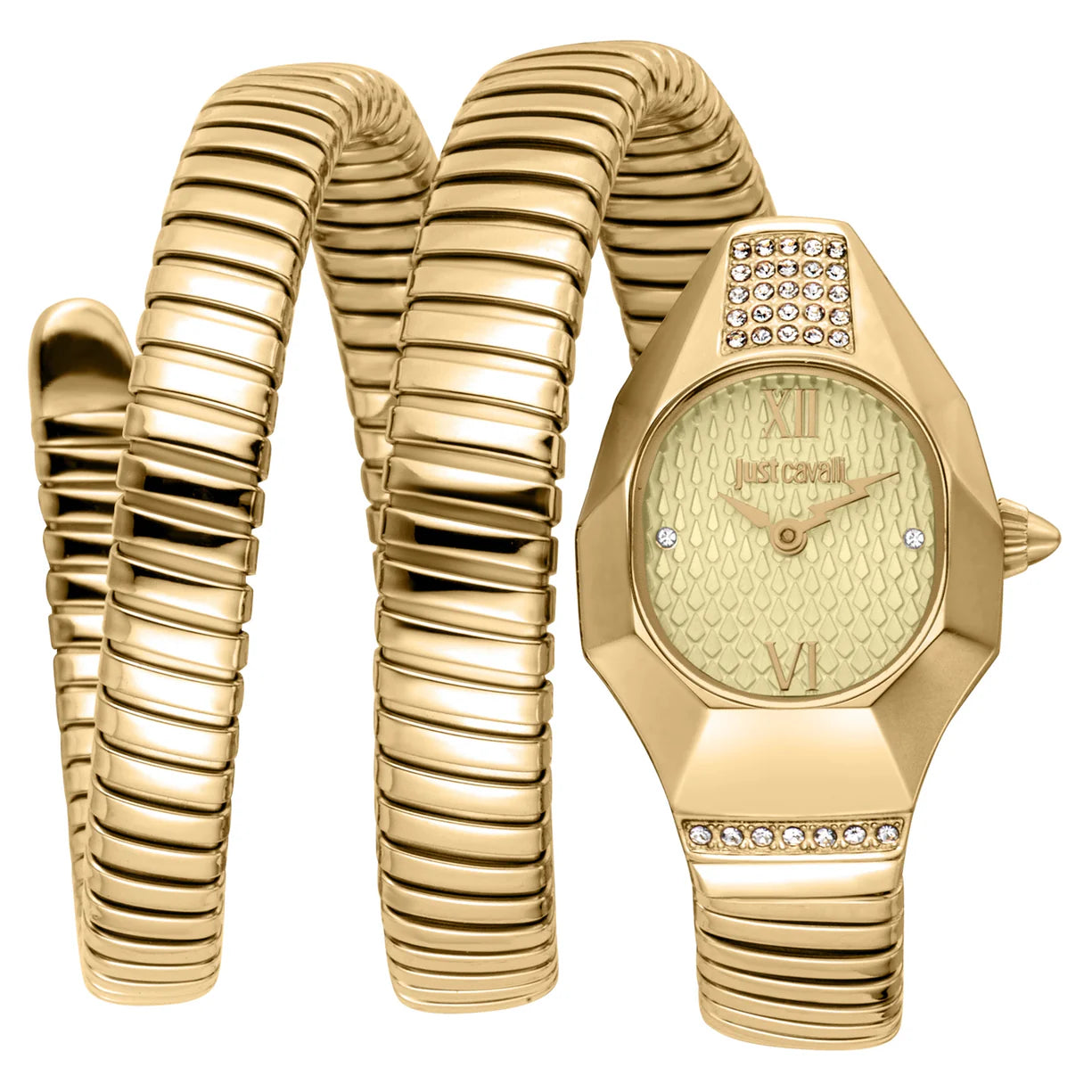Just Cavalli Snake Lunara yellow gold champagne dial women's watch with snake-link bracelet