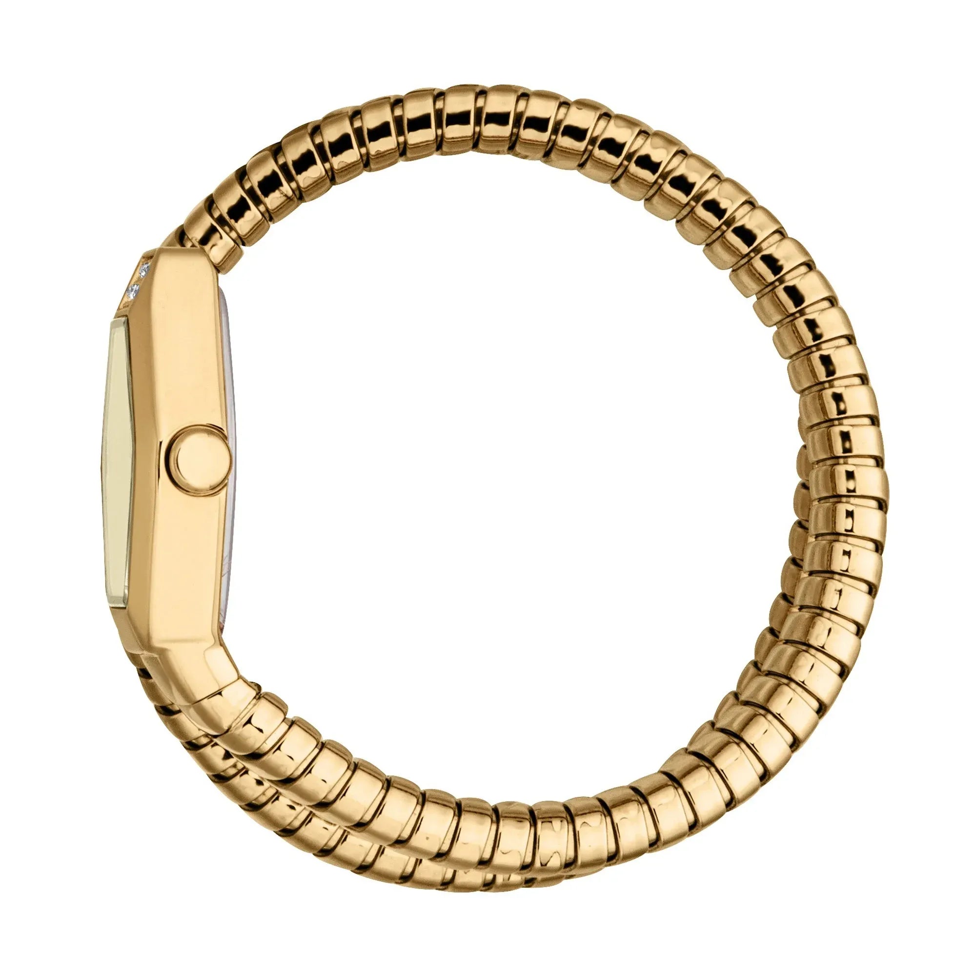 Just Cavalli Snake Lunara watch shown from side profile with expandable snake bracelet