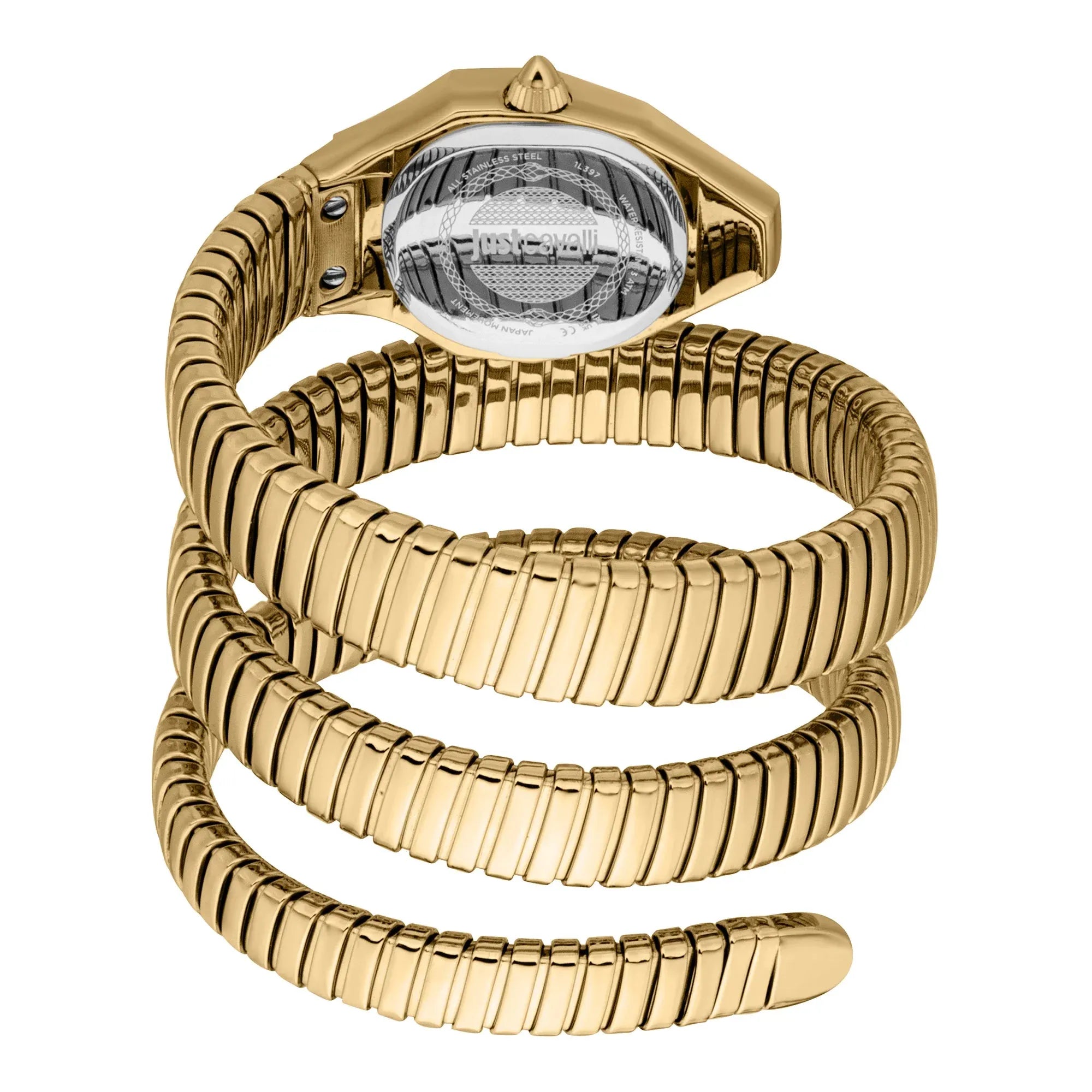 Just Cavalli Signature Snake Lunara watch wrapped bracelet detail with green dial visible
