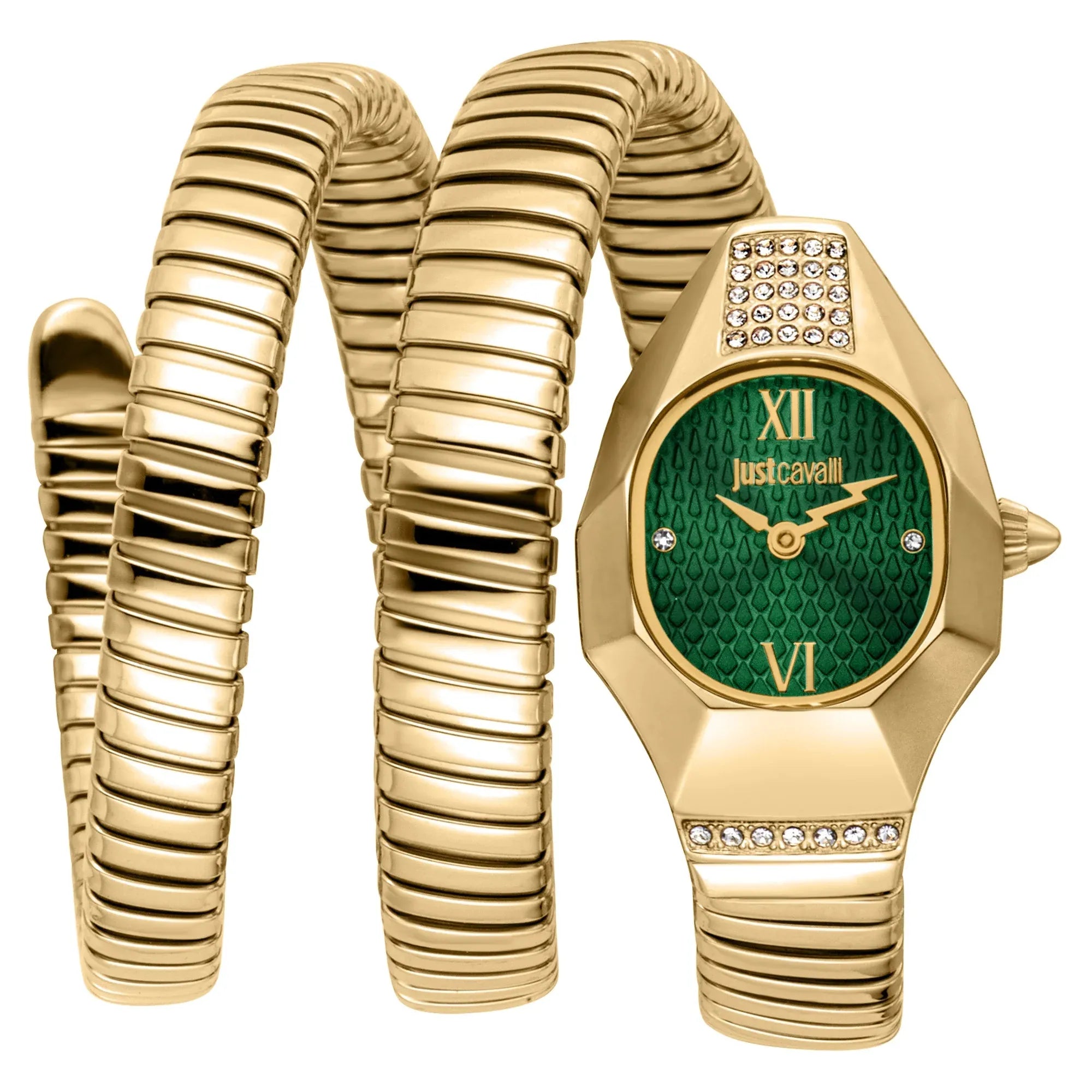Just Cavalli Signature Snake Lunara yellow gold watch with green dial and snake-textured bracelet