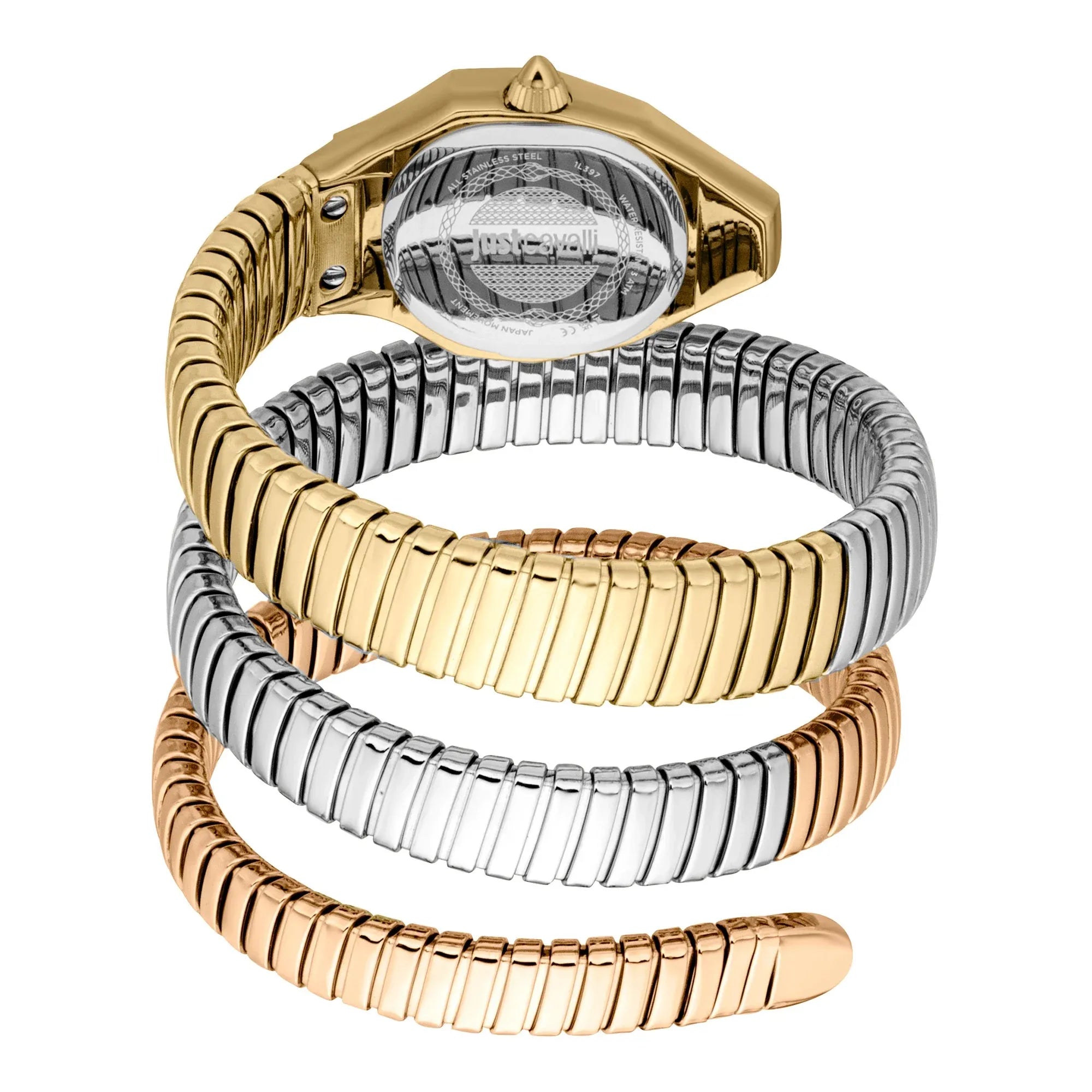 Just Cavalli Signature Snake watch with all three interchangeable metal snake straps displayed separately and stacked