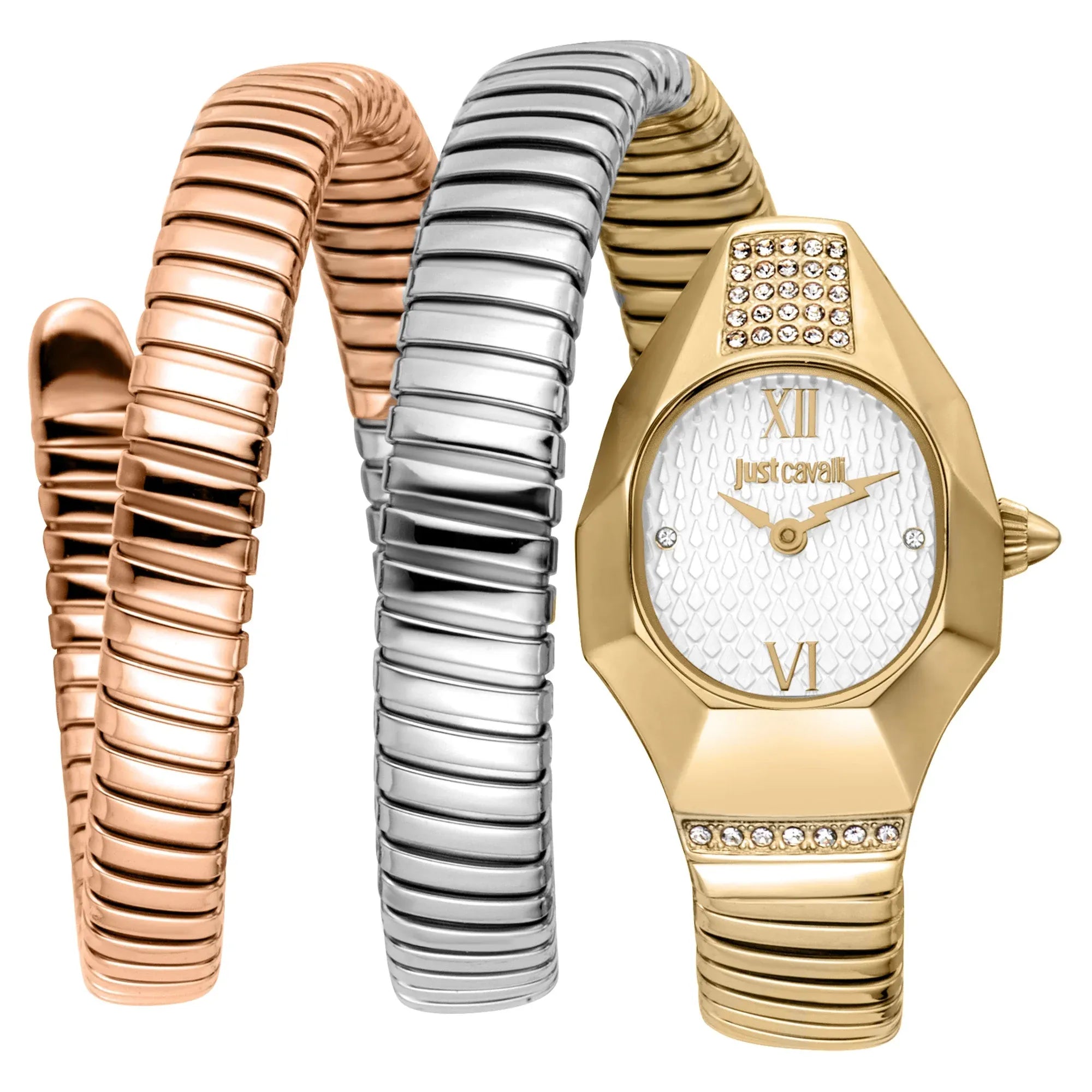 Just Cavalli Signature Snake Lunara watch with gold case and three interchangeable metal snake straps in rose gold, silver, and gold