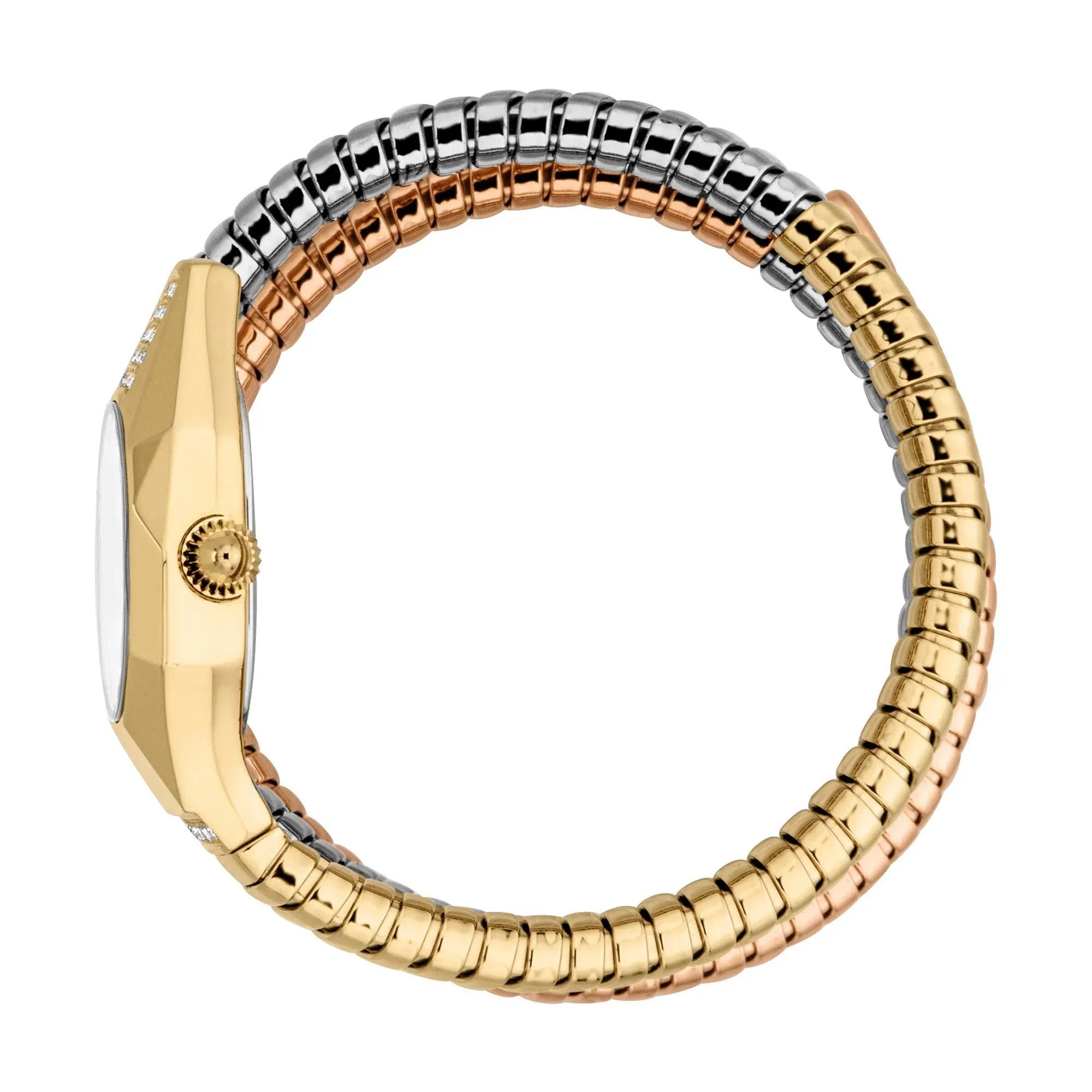 Side view of Just Cavalli Signature Snake watch showing octagonal gold case and tricolor snake-textured bracelet