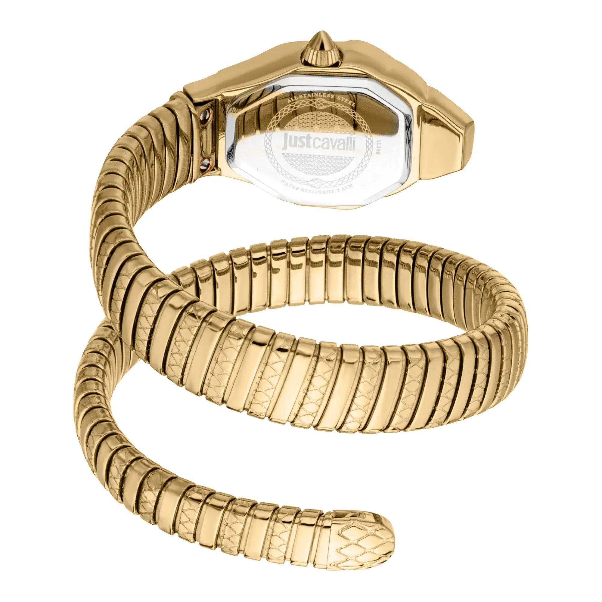 Angled view of Just Cavalli Aurela watch with extended gold spiral coil strap design