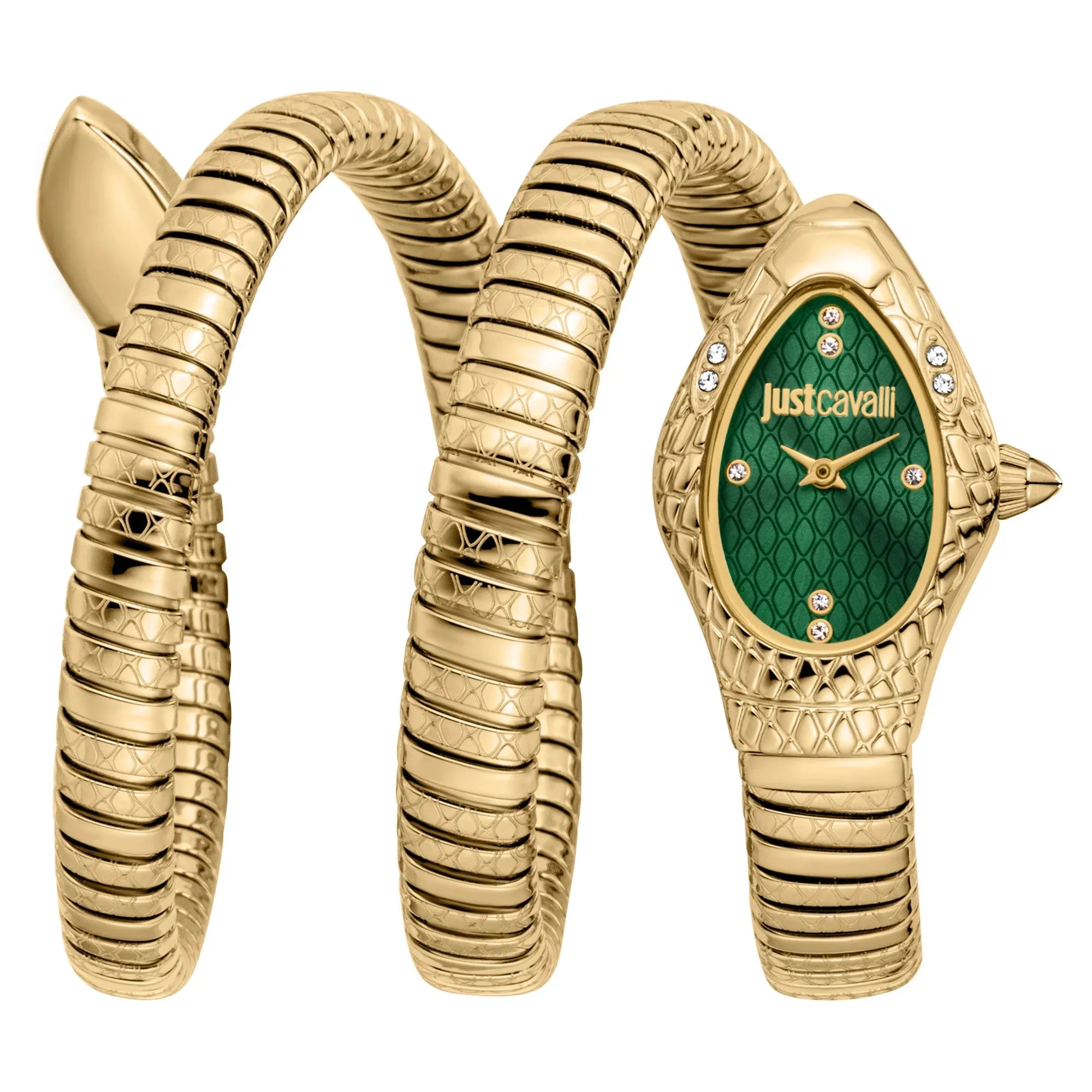 Just Cavalli Aurela women's watch with green oval dial, gold steel snake-coil strap and case