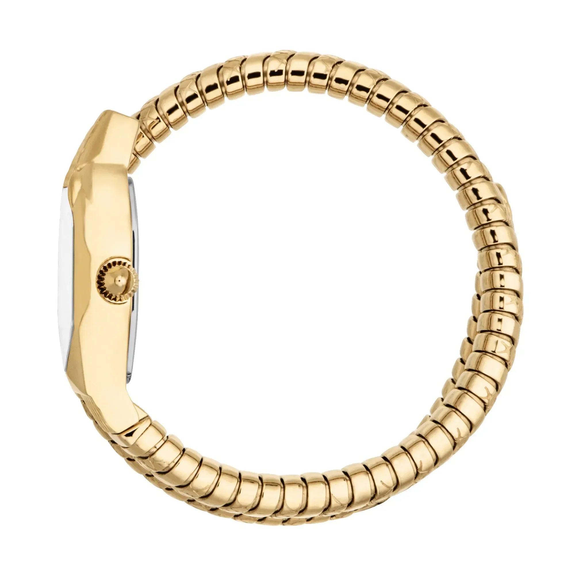 Side view of Just Cavalli Aurela watch showing gold serpent coil strap and case profile
