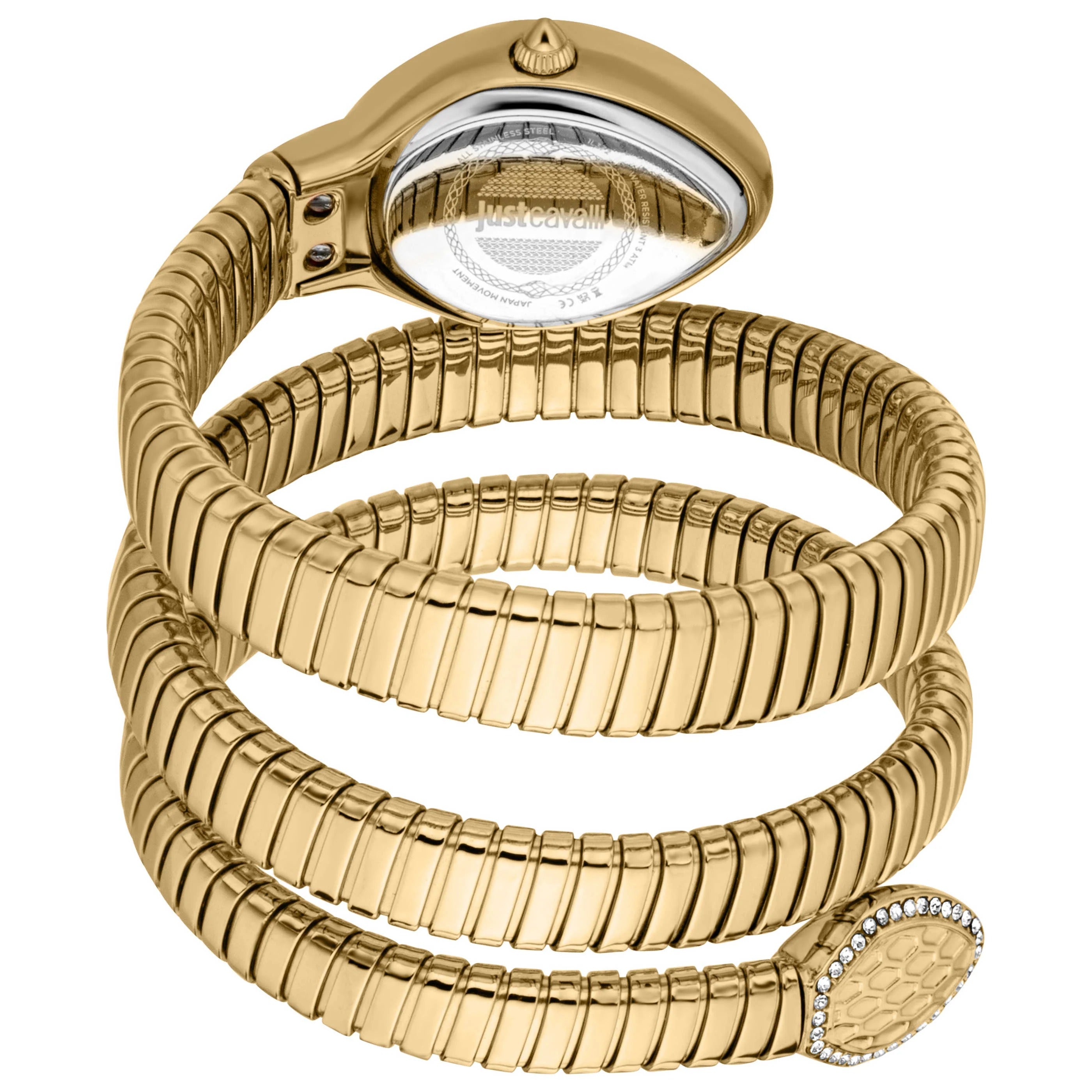 Just Cavalli Carezza watch side view with coiled gold steel strap detail