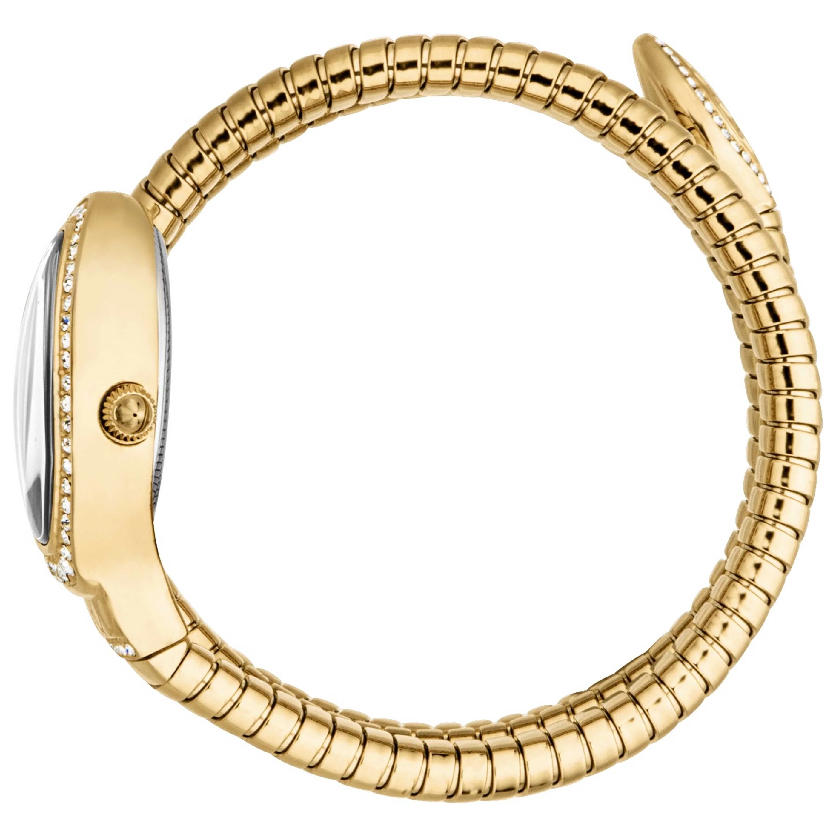 Just Cavalli Carezza watch on wrist showing gold coil steel bracelet