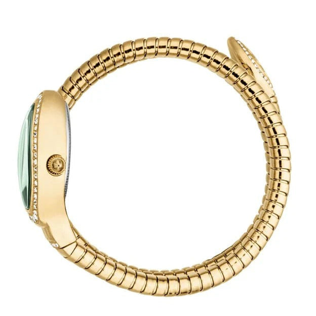 Gold-tone snake-coil bracelet strap with oval green dial watch head and crystal-set bezel