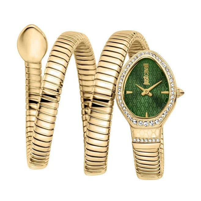 Just Cavalli Carezza women's watch with green dial, crystal bezel, and gold-tone snake-coil strap