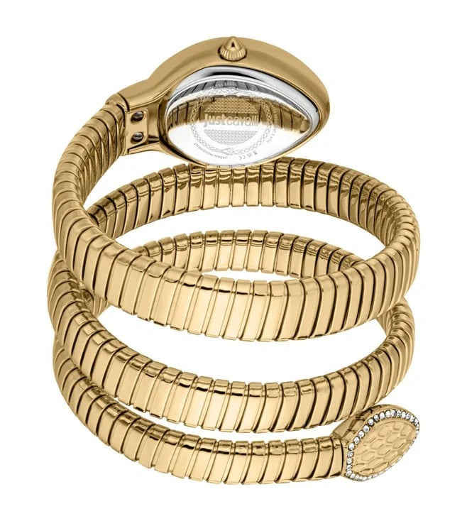 Side view of Just Cavalli Carezza snake-wrap watch with caseback visible and crystal accents