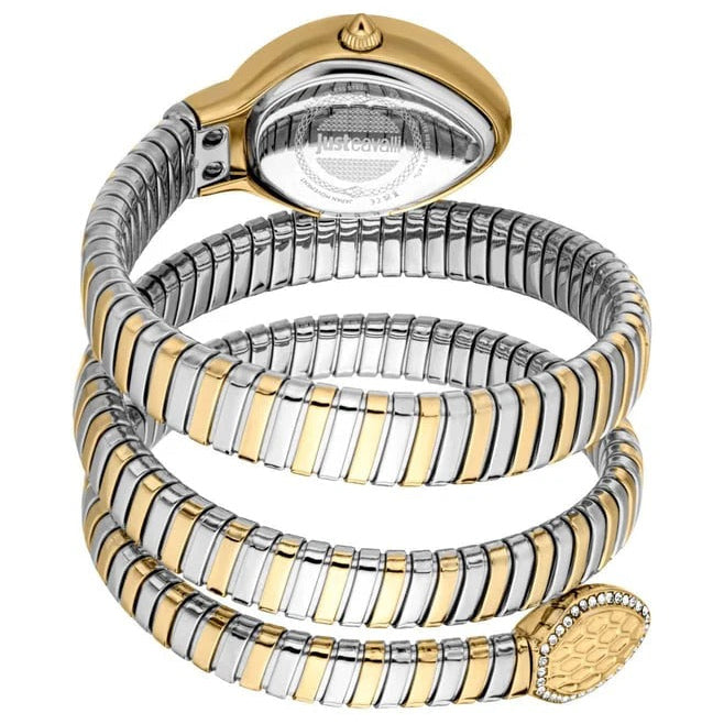 Just Cavalli Carezza watch coiled display showing oval case and spiral band detail