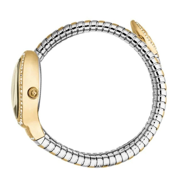 Just Cavalli Carezza watch on wrist showing two-tone coiled spiral band