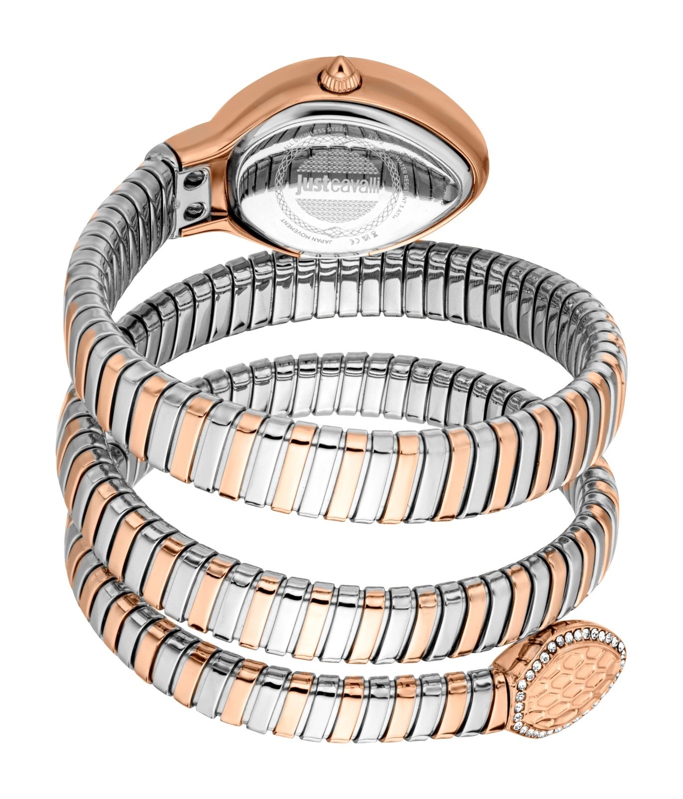 Just Cavalli Carezza wrap bracelet watch with rose gold case and crystal bezel detail
