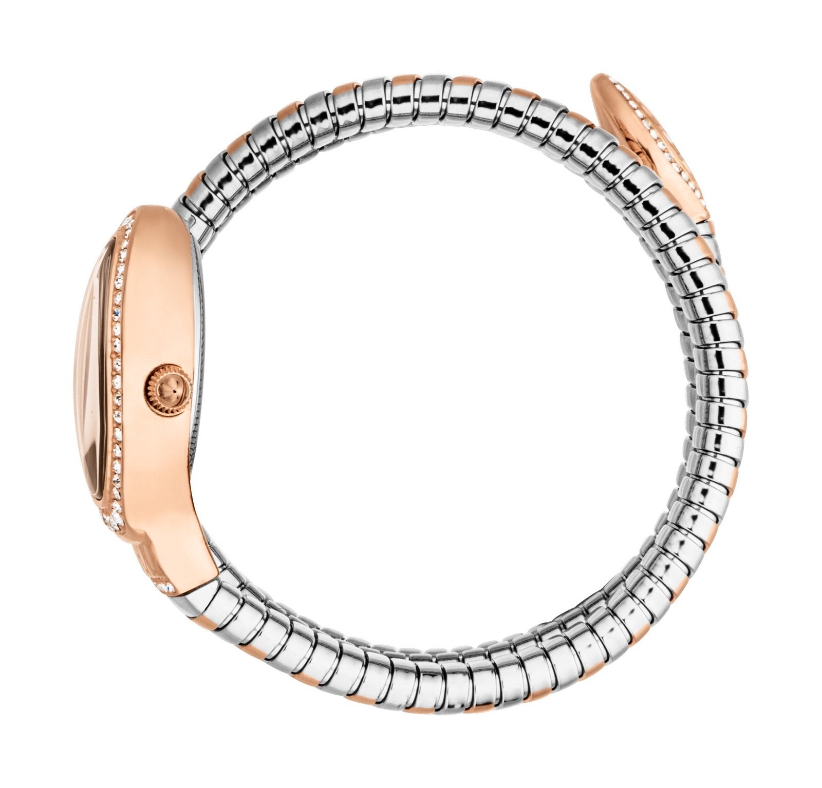 Just Cavalli Carezza watch side view showing rose gold case and two-tone steel strap