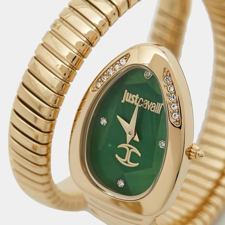 Gold tone bangle bracelet detail of Just Cavalli Glam Evo 4 watch with green oval dial