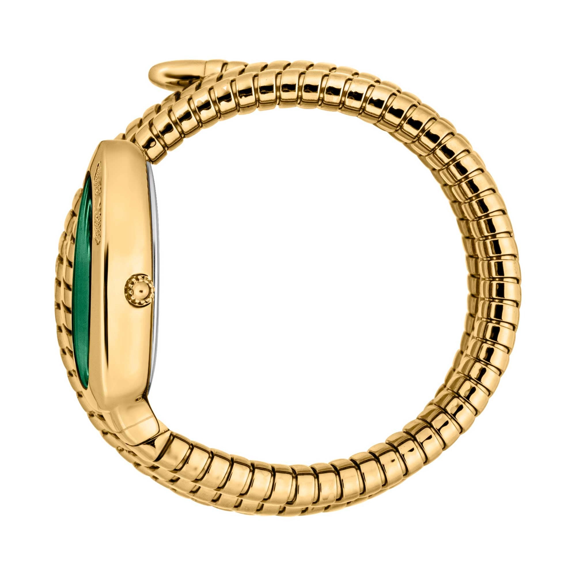 Just Cavalli Glam Evo 4 watch worn on wrist showing gold segmented bangle bracelet