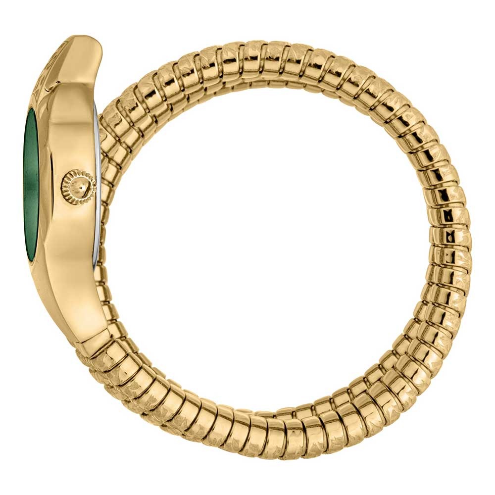 Just Cavalli Glam Evo 4 watch side view showing gold bangle bracelet and oval case