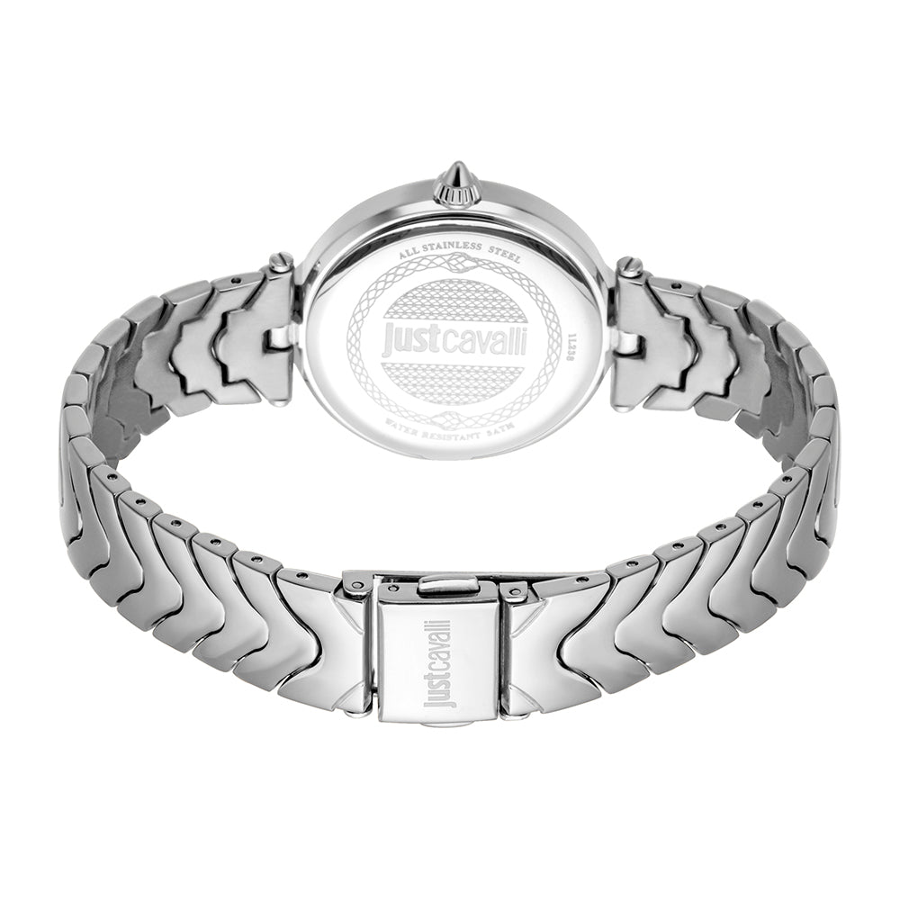 Just Cavalli Animalier Luce watch caseback with silver stainless steel bracelet and clasp