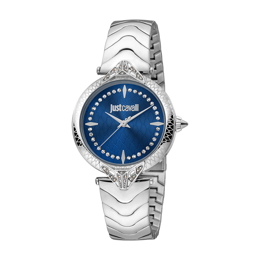 Just Cavalli Animalier Luce silver women's watch with blue dial and crystal-set bezel